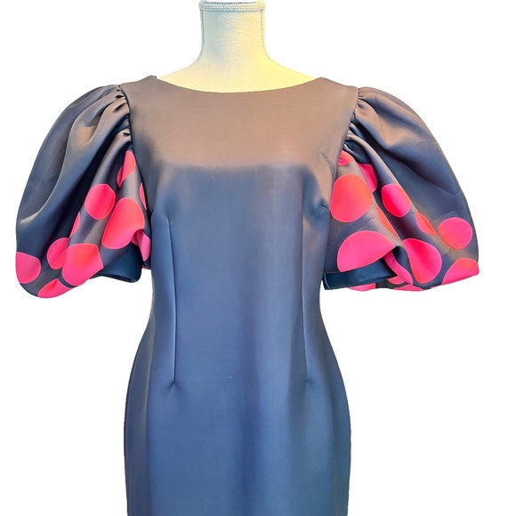 # A102  For Her NYC Black Vintage Fuchsia Polka Dot Puff Sleeve Dress NWT  L - Picture 2 of 10